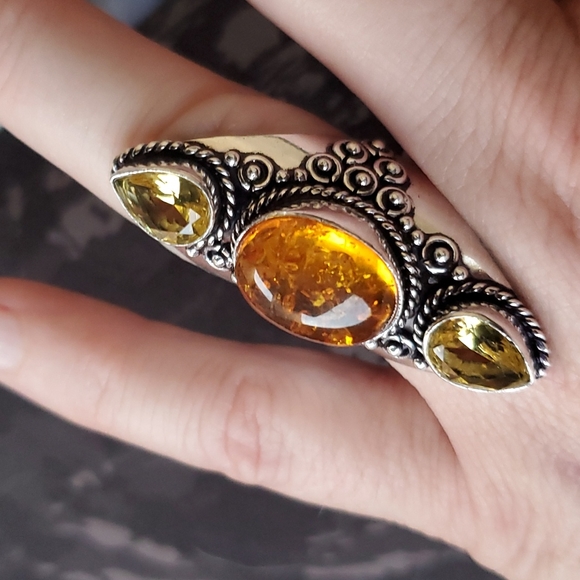 New Baltic Amber & Citrine 925 Silver Statement Ring. - Picture 10 of 16